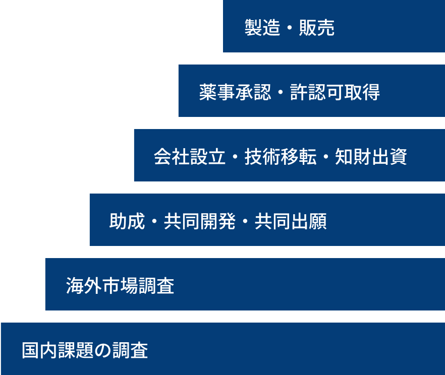 製造・販売 薬事承認・許認可取得 会社設立・技術移転・知財出資 助成・共同開発・共同出願 海外市場調査 国内課題の調査