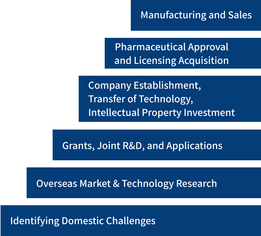 Manufacturing and Sales, Pharmaceutical Approval and Licensing Acquisition. Company Establishment, Transfer of Technology, Intellectual Property Investment. Grants, Joint R&D, and Applications. Overseas Market & Technology Research. Identifying Domestic Challenges